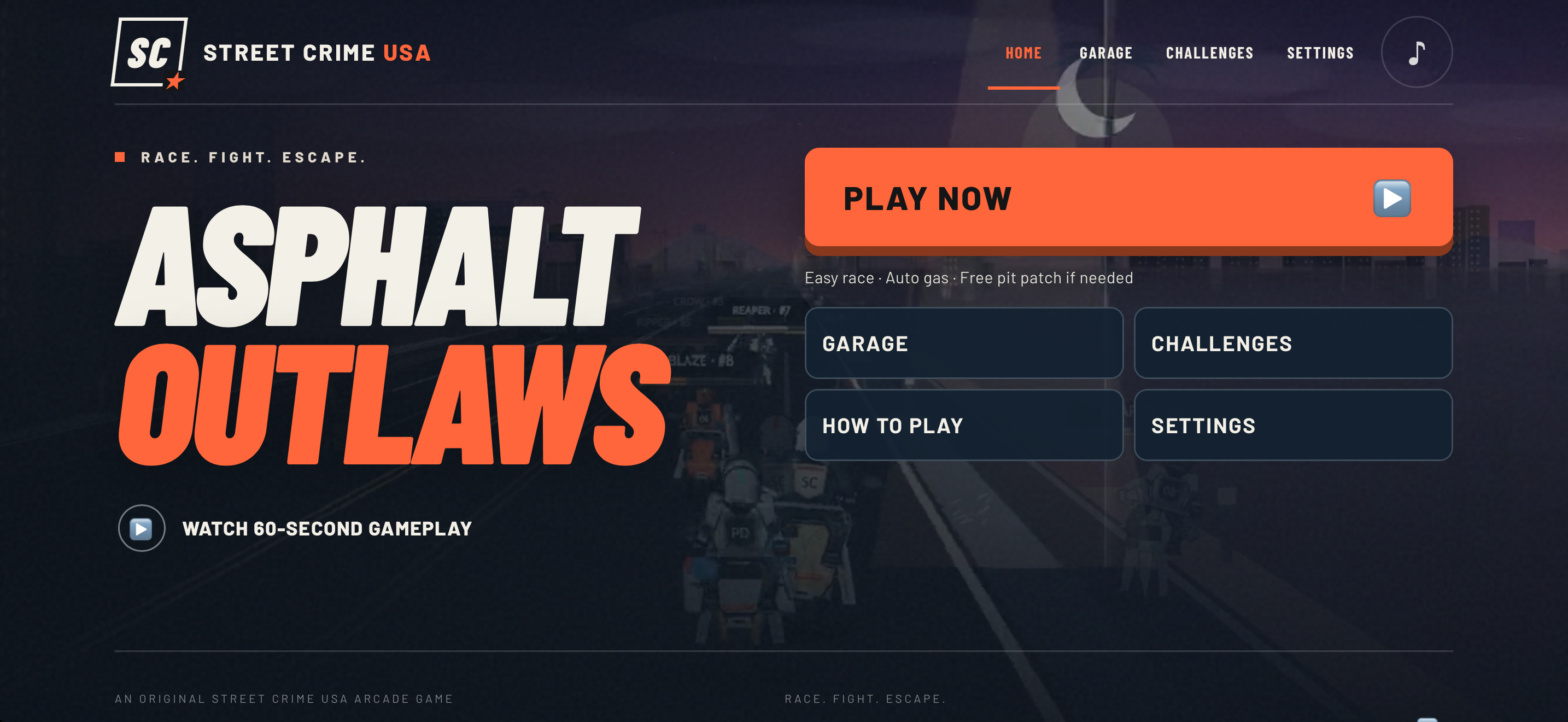The current game’s simple start screen, with one large Play Now button and Garage, Challenges, How to Play and Settings buttons.